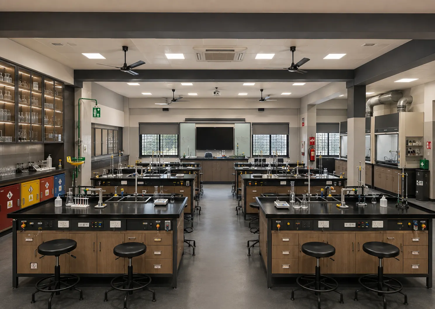 The chemistry laboratory with workbenches
