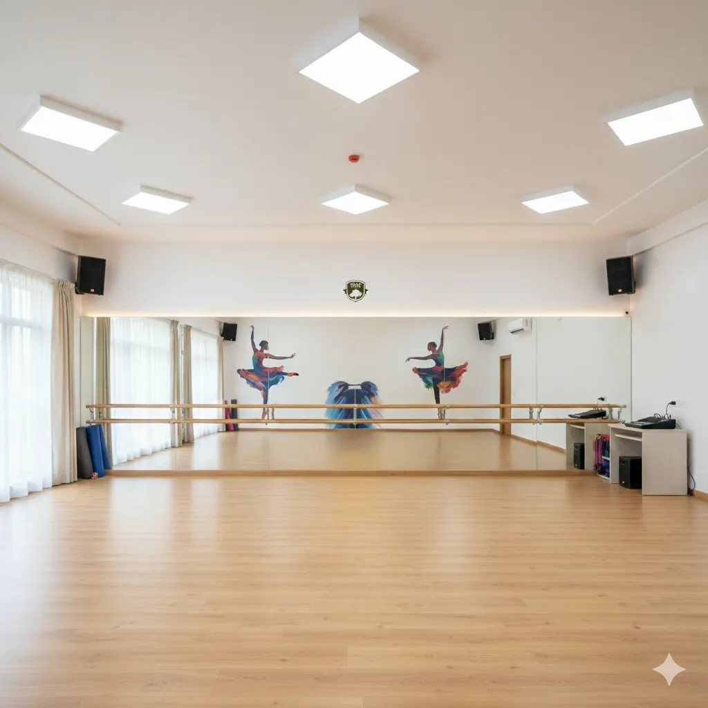 The Dance Studio with sprung floor, mirror wall and ballet barre