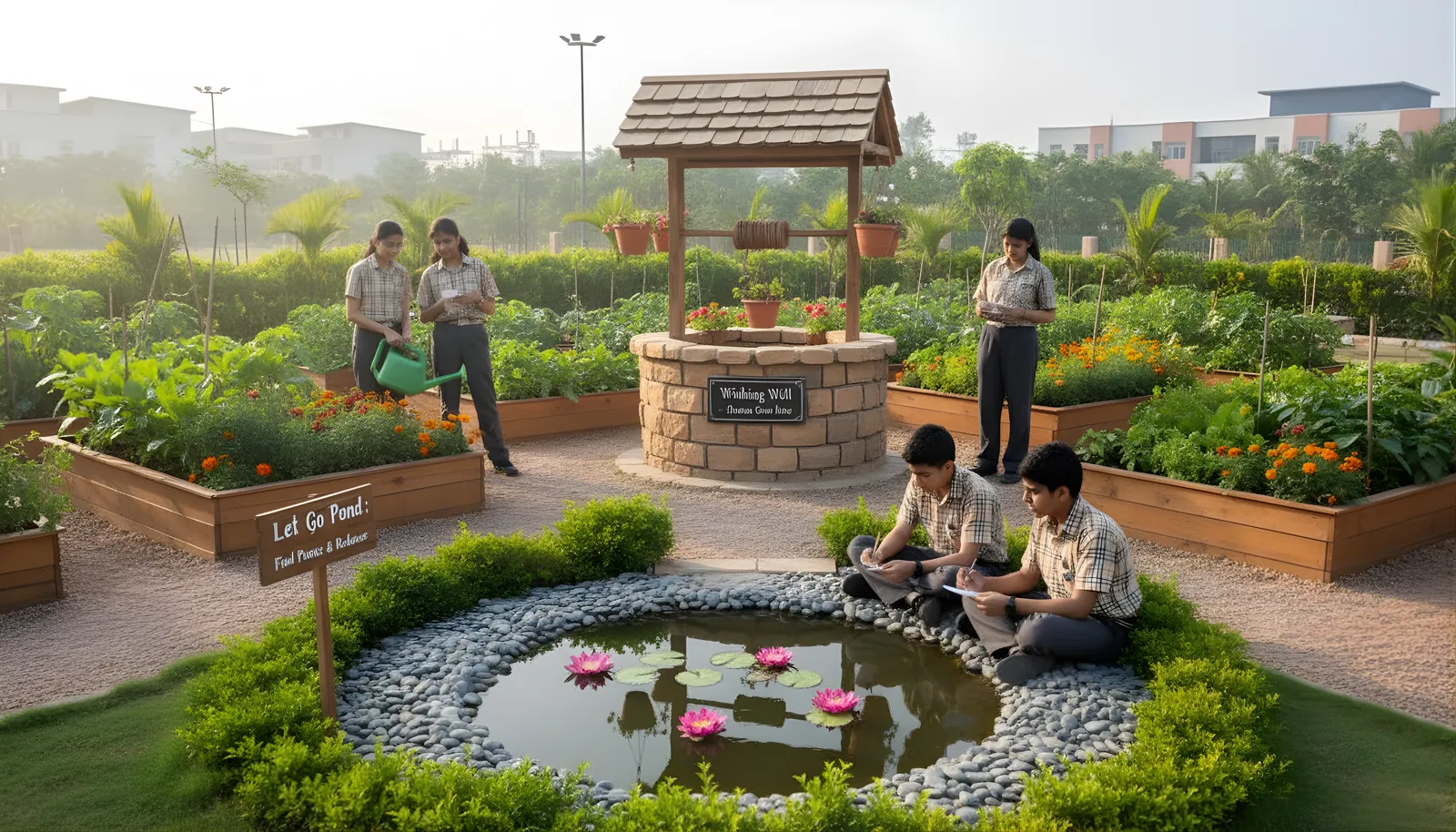 The Let Go Pond with floating lotus flowers