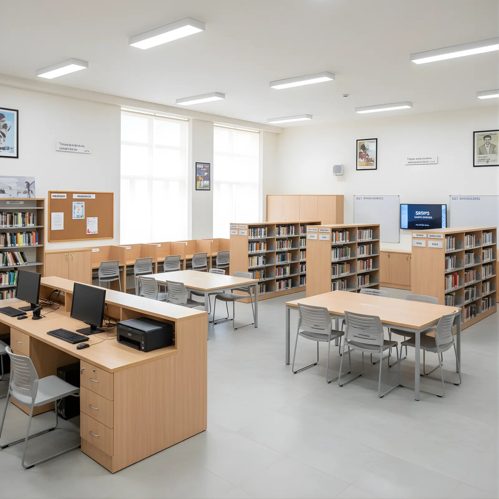 The library with open stacks, study carrels and reading tables