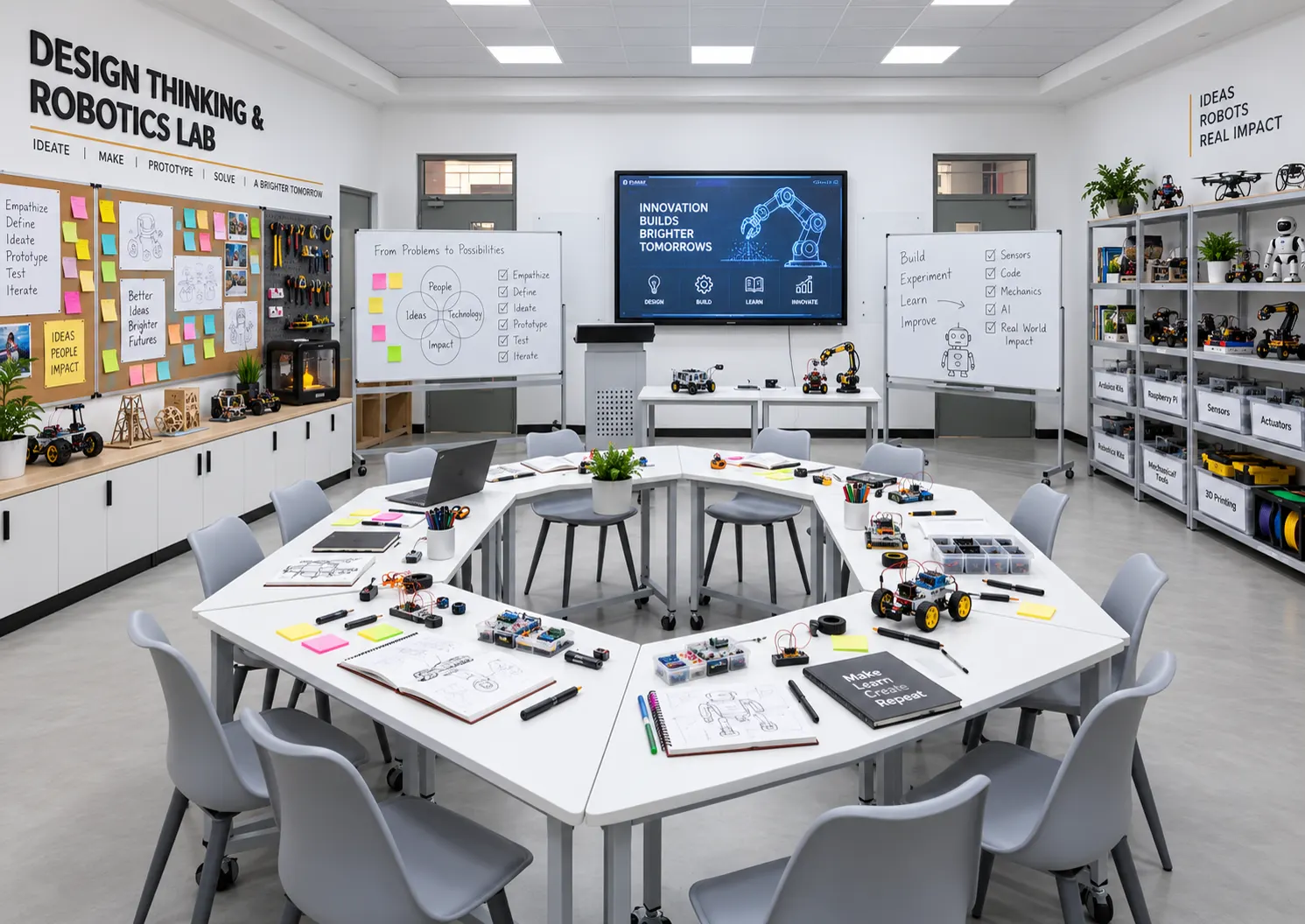 The Design Thinking and Robotics Lab with modular benches and robot kits