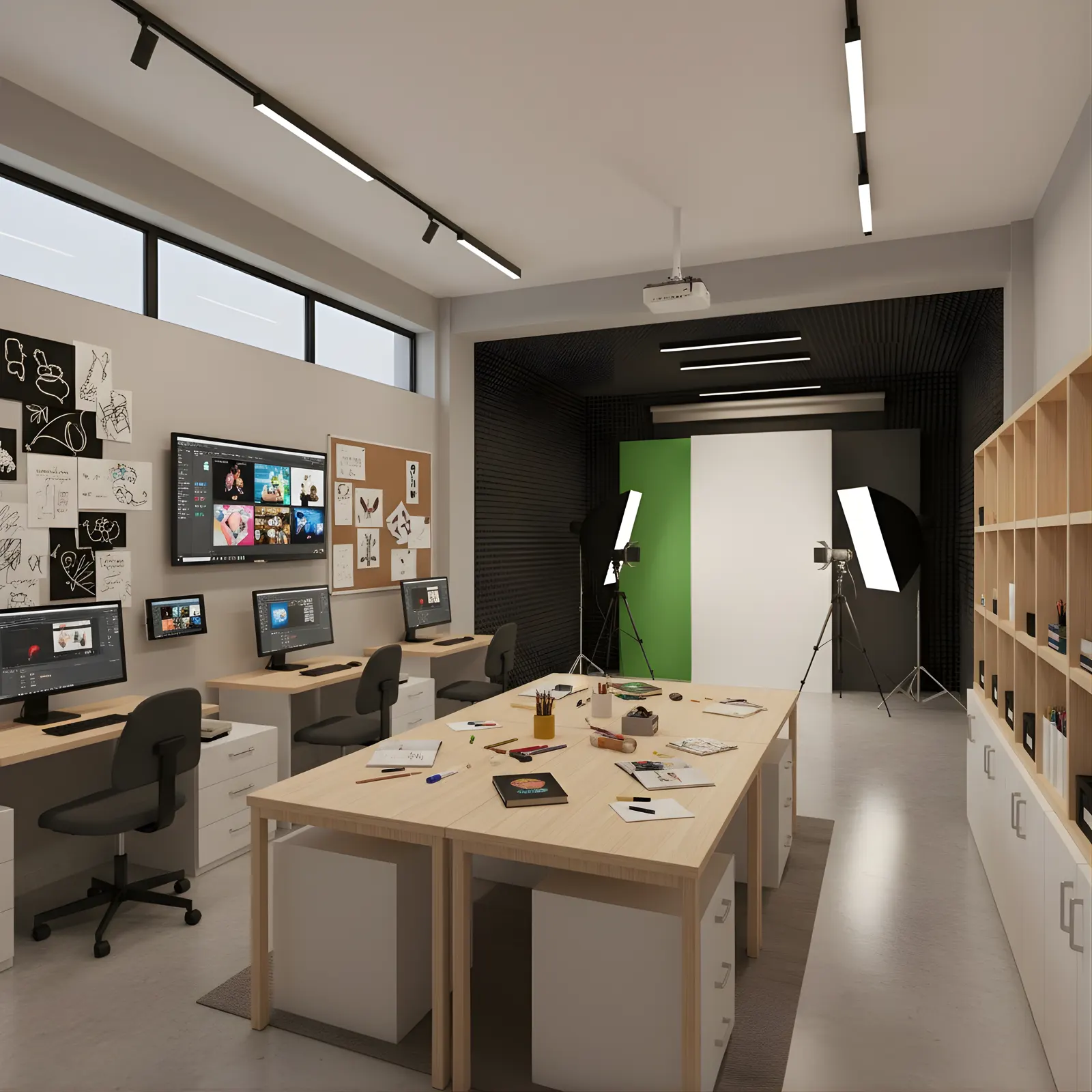 The Visual Communication Lab with editing stations and studio lighting